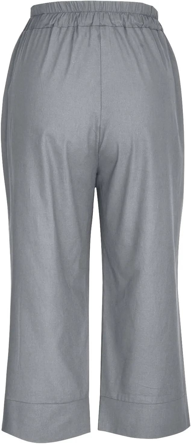 Womens Capri Pants Cotton Linen Loose Elastic High Waisted Lounge Pants Casual Palazzo Trousers with Pockets 2025