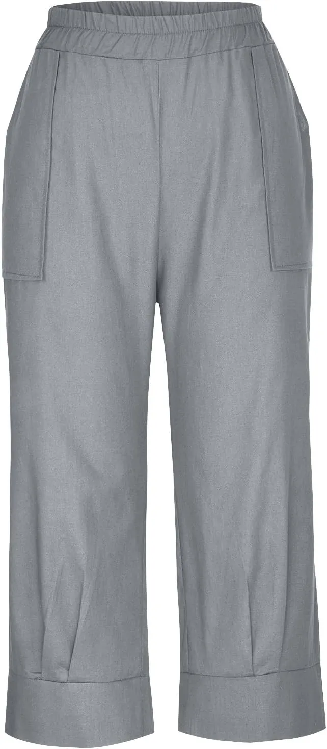 Womens Capri Pants Cotton Linen Loose Elastic High Waisted Lounge Pants Casual Palazzo Trousers with Pockets 2025