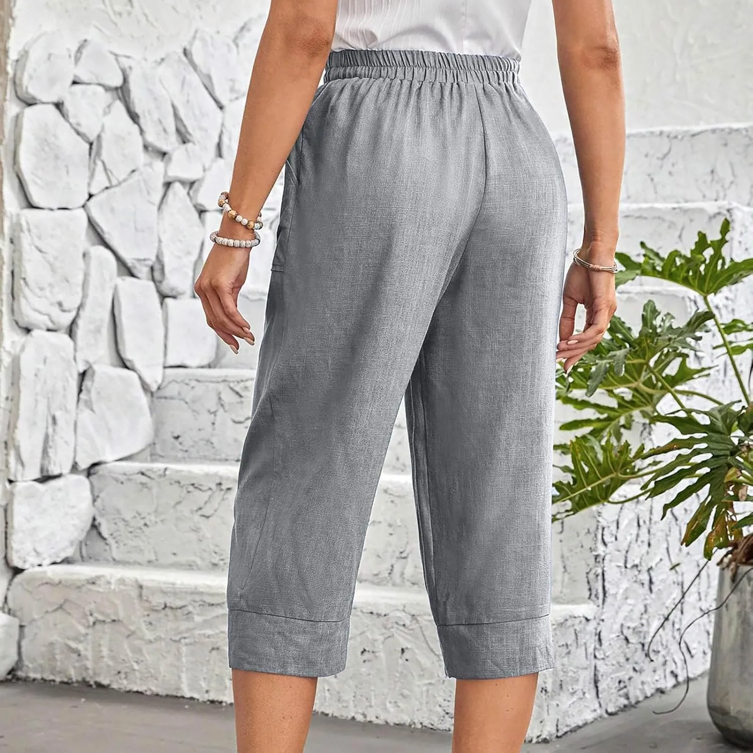 Womens Capri Pants Cotton Linen Loose Elastic High Waisted Lounge Pants Casual Palazzo Trousers with Pockets 2025