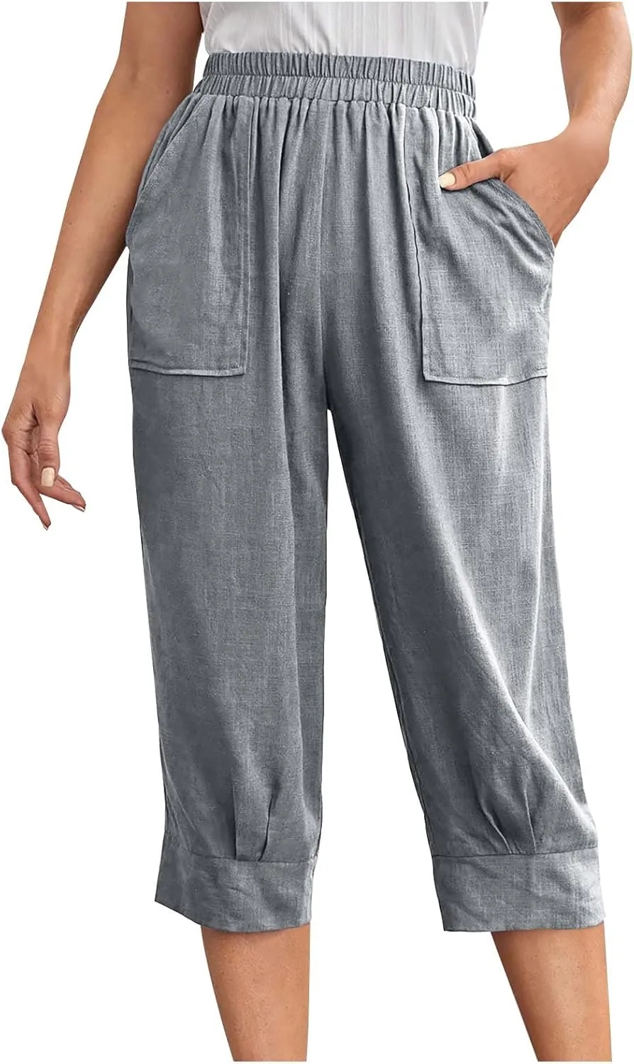 Womens Capri Pants Cotton Linen Loose Elastic High Waisted Lounge Pants Casual Palazzo Trousers with Pockets 2025