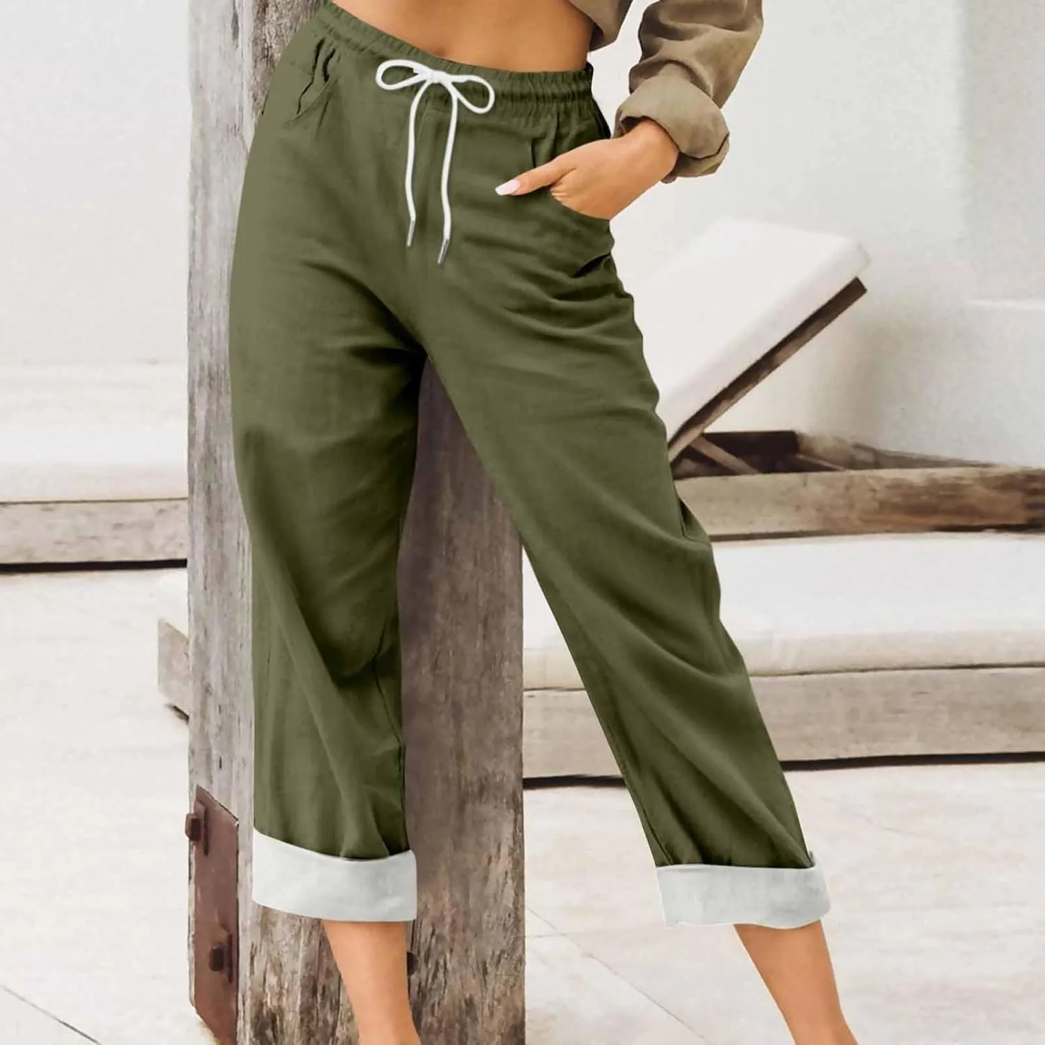 Womens Capris for Summer Cotton Linen Pants Casual 2025 Loose Comfy Trendy Elastic Waist Cropped Trouser Plus Size