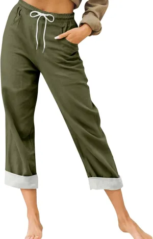 Womens Capris for Summer Cotton Linen Pants Casual 2025 Loose Comfy Trendy Elastic Waist Cropped Trouser Plus Size