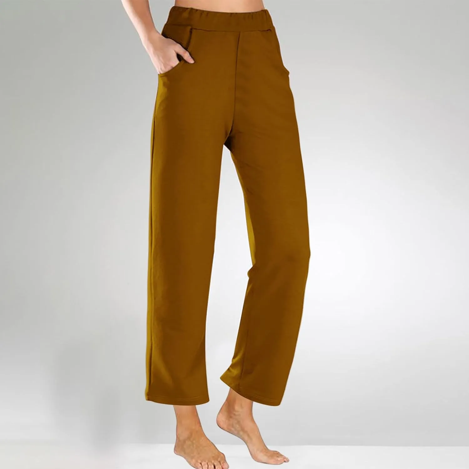 Womens Casual Cropped Pants 2024 Fashion Elastic Waist Wide Leg Crop Pants Summer Loose Beach Yoga Pants with Pockets