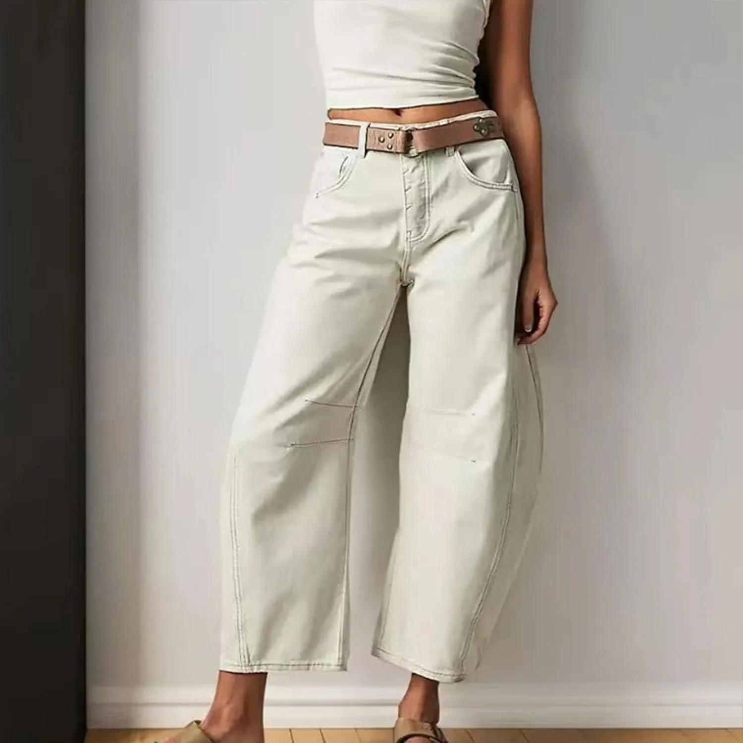 Women's Casual Jeans Elastic Waist Front Button Wide Leg Harem Trousers Fashion Loose Fit Comfy Street Hip Hip Pants