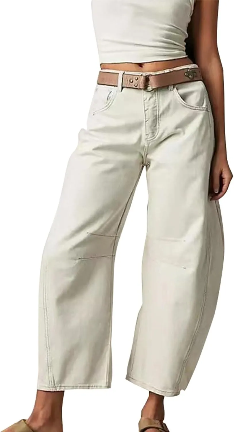 Women's Casual Jeans Elastic Waist Front Button Wide Leg Harem Trousers Fashion Loose Fit Comfy Street Hip Hip Pants