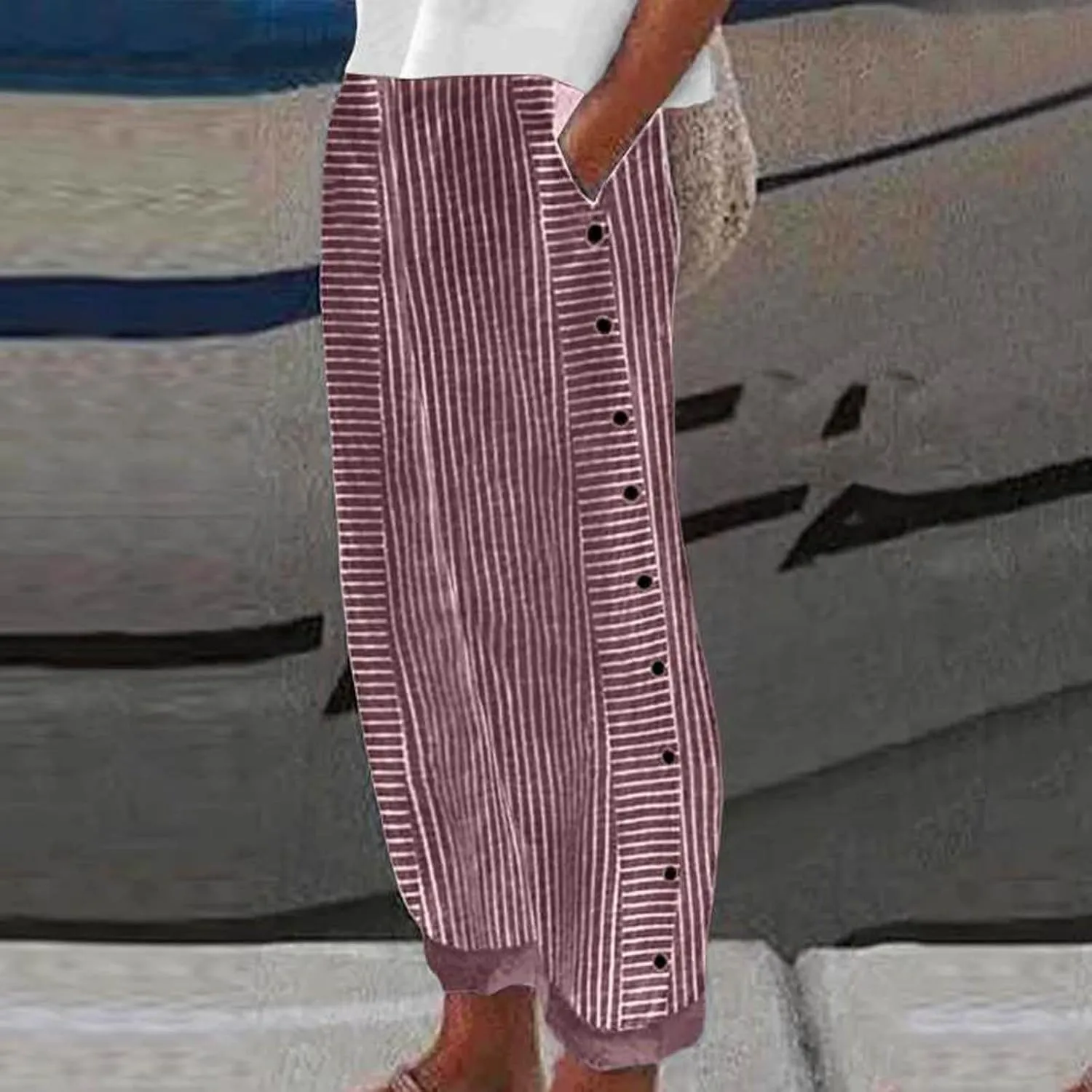 Womens Casual Linen High Waist Pants Drawstring Loose Fit Summer Work Pants Trousers with Side Pockets