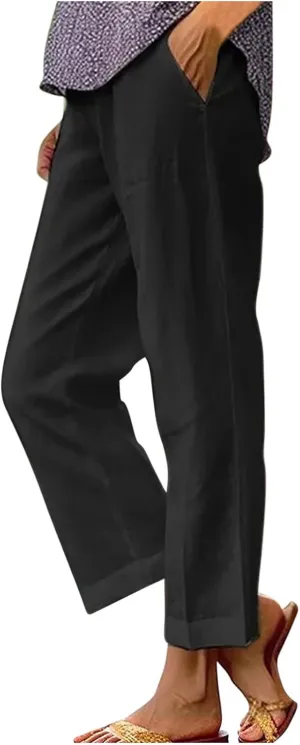 Womens Casual Linen Pants Drawstring Waist Loose Fit Summer Pants Cropped Trousers with Pockets Cotton Linen Pants