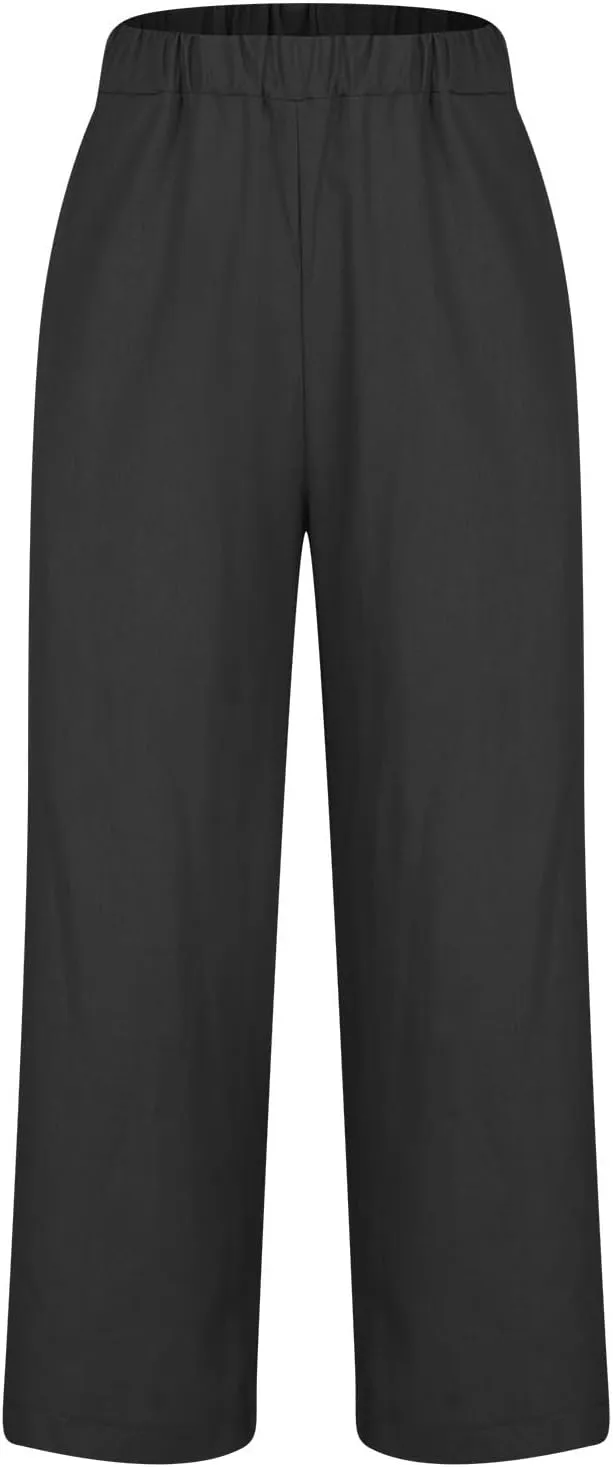 Womens Casual Linen Pants Drawstring Waist Loose Fit Summer Pants Cropped Trousers with Pockets Cotton Linen Pants