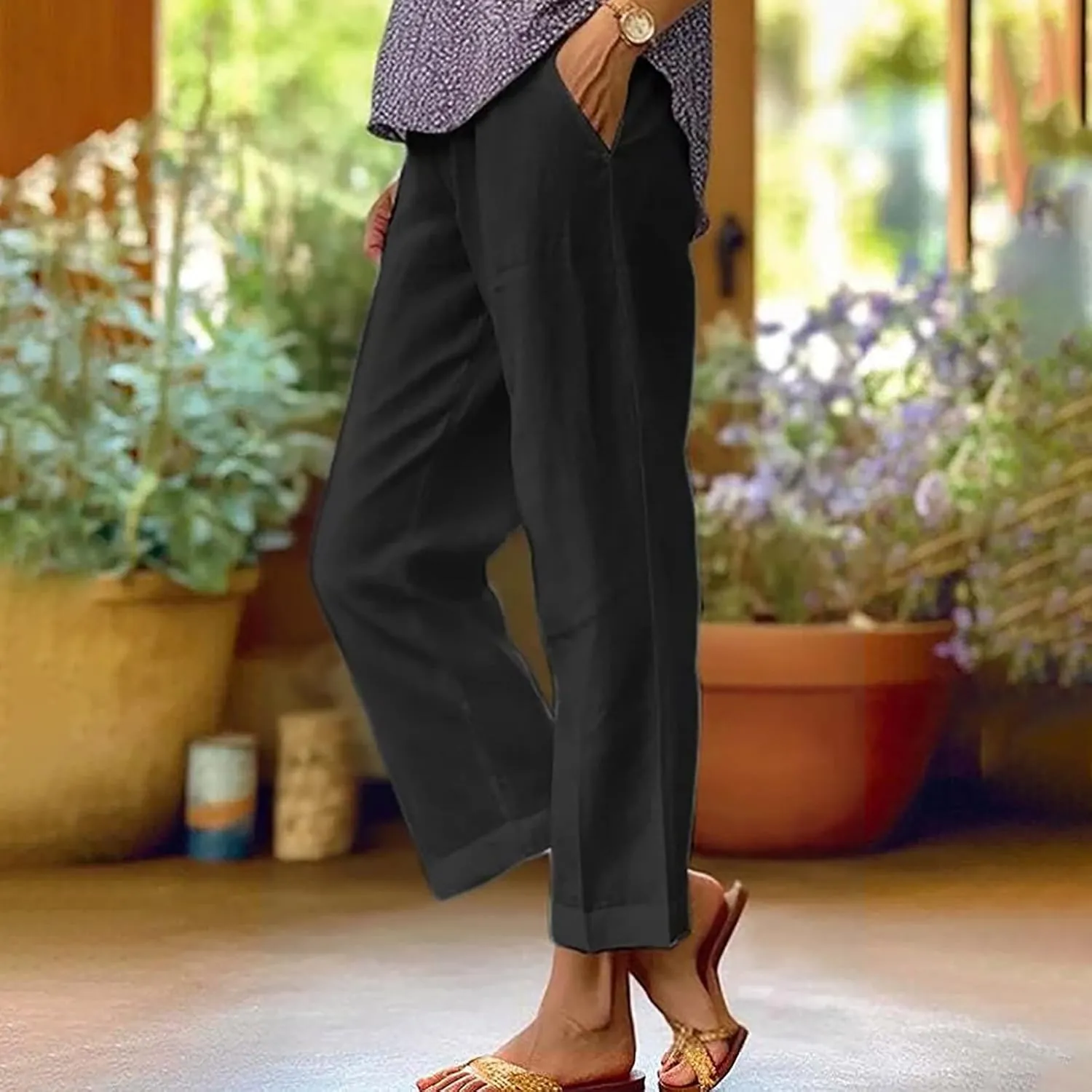 Womens Casual Linen Pants Drawstring Waist Loose Fit Summer Pants Cropped Trousers with Pockets Cotton Linen Pants