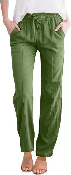 Womens Casual Linen Pants Summer Lightweight High Waist Loose Fit Lounge Pants Straight Leg Trousers with Pockets