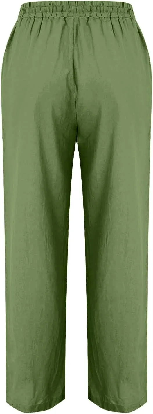 Womens Casual Linen Pants Summer Lightweight High Waist Loose Fit Lounge Pants Straight Leg Trousers with Pockets