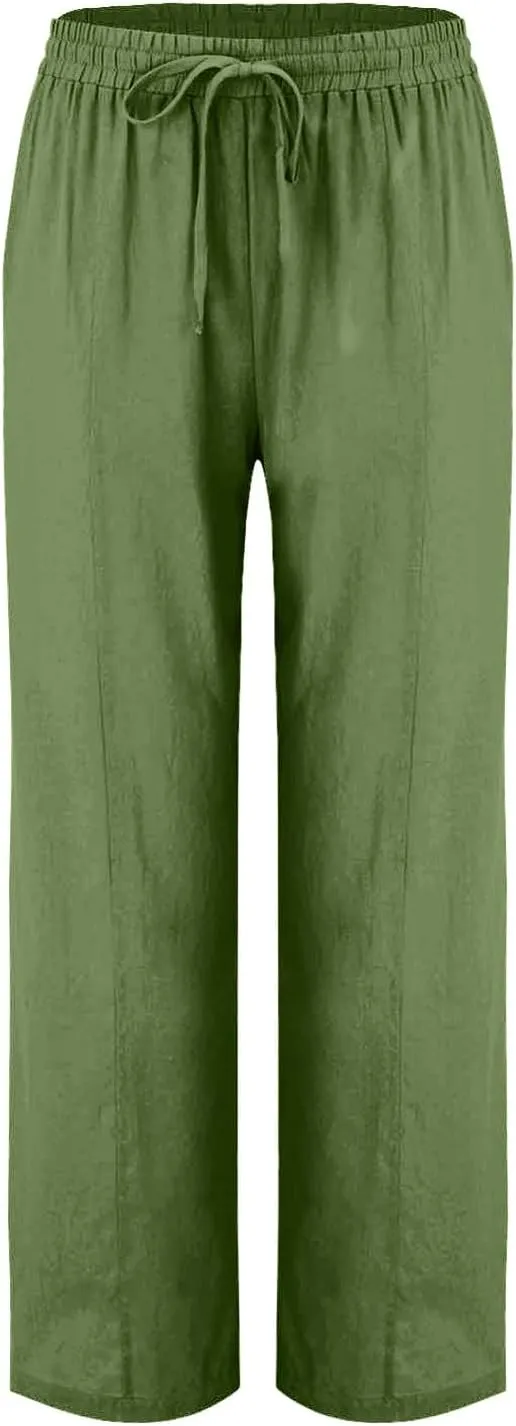 Womens Casual Linen Pants Summer Lightweight High Waist Loose Fit Lounge Pants Straight Leg Trousers with Pockets