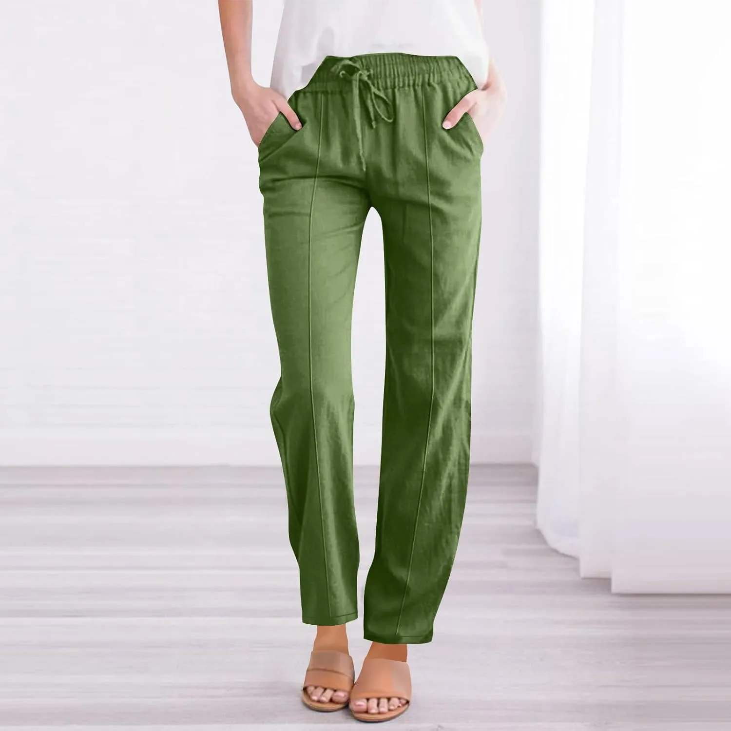 Womens Casual Linen Pants Summer Lightweight High Waist Loose Fit Lounge Pants Straight Leg Trousers with Pockets