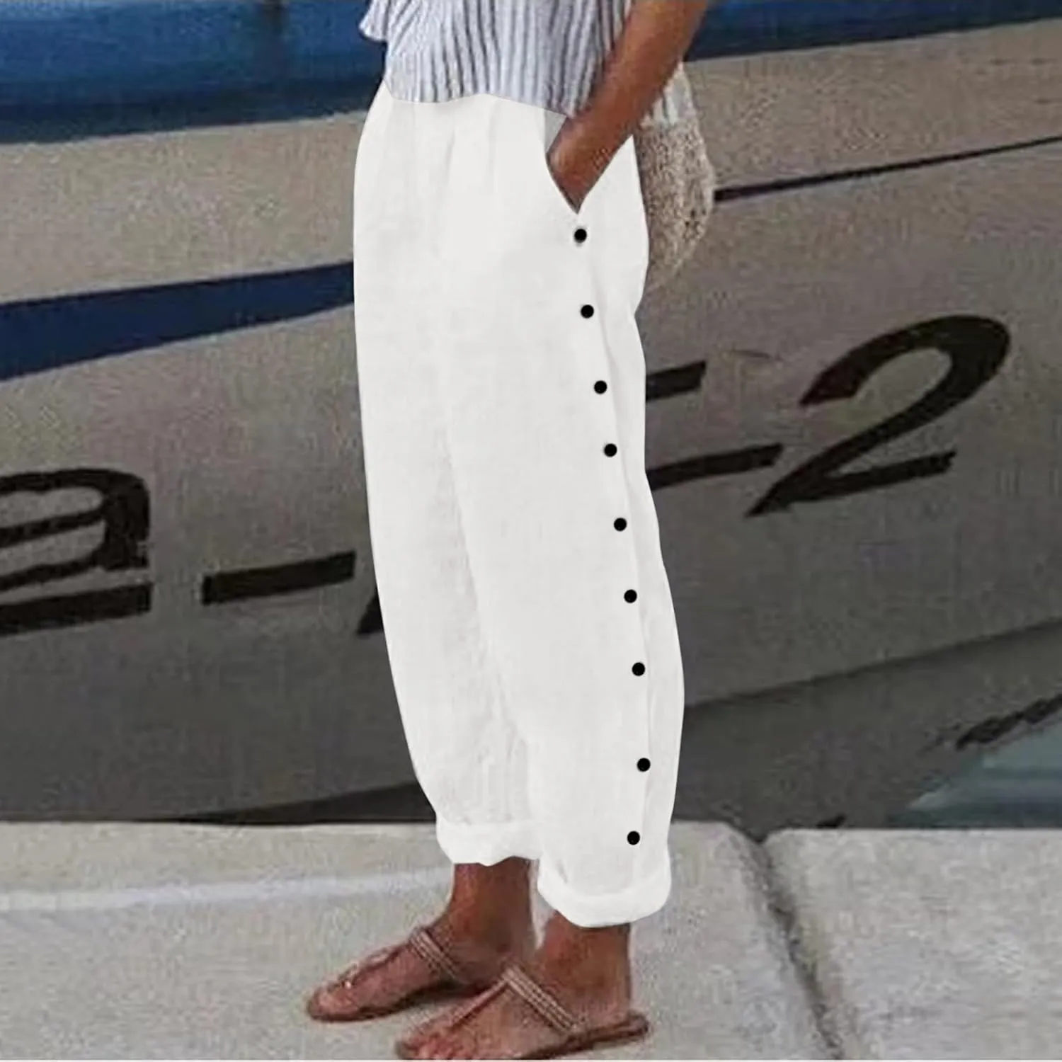 Women's Casual Pants Striped Side Button Elastic Waist Trendy Pants Straight Leg Baggy Trousers with Pocket