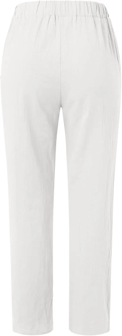 Women's Casual Pants Striped Side Button Elastic Waist Trendy Pants Straight Leg Baggy Trousers with Pocket