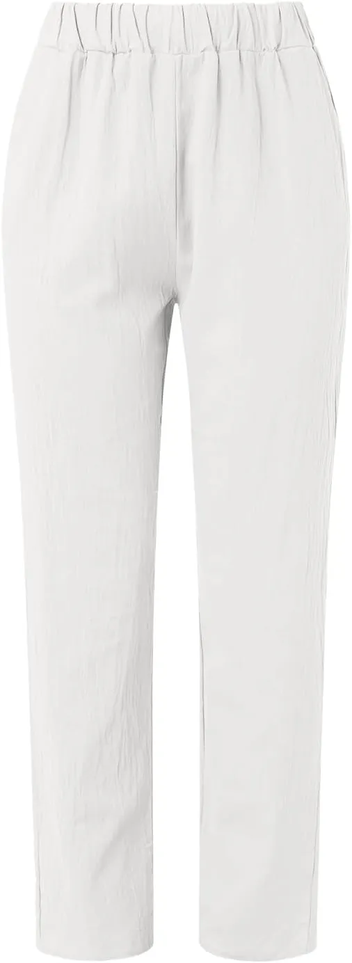 Women's Casual Pants Striped Side Button Elastic Waist Trendy Pants Straight Leg Baggy Trousers with Pocket
