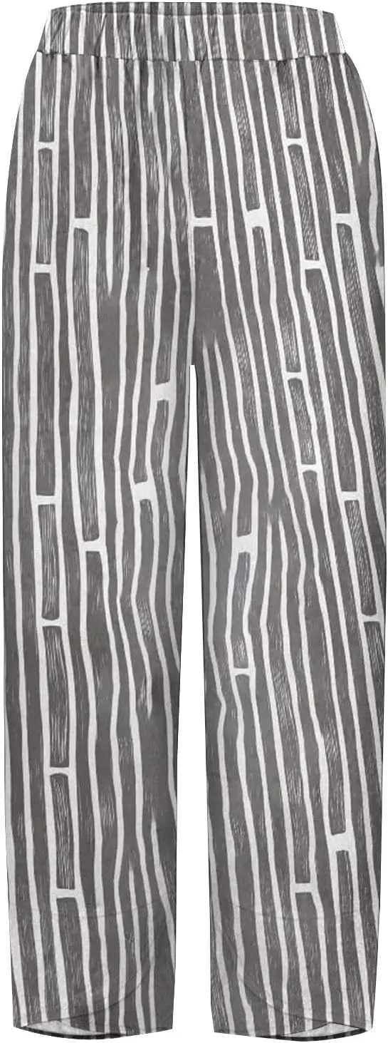 Women's Casual Striped Graphic Cotton Linen High Waisted Loose Pull On Pants Summer Beach Vacation Trendy Trousers