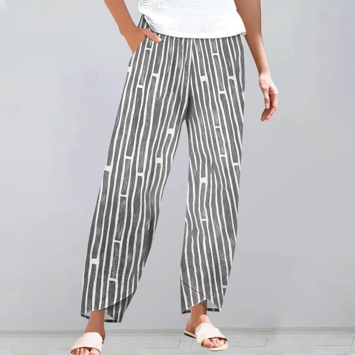 Women's Casual Striped Graphic Cotton Linen High Waisted Loose Pull On Pants Summer Beach Vacation Trendy Trousers