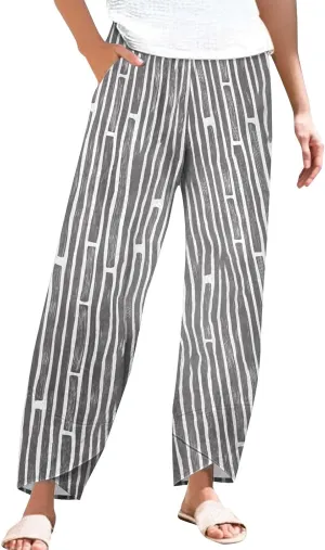 Women's Casual Striped Graphic Cotton Linen High Waisted Loose Pull On Pants Summer Beach Vacation Trendy Trousers