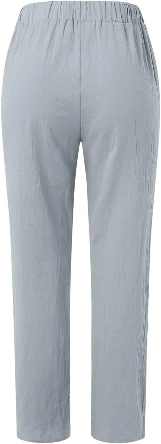 Women's Cotton Linen Capri Pants Casual Summer High Waist Baggy Wide Leg Lounge Trousers with Pockets Plus Size Beach
