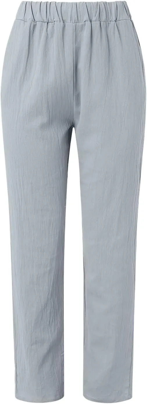 Women's Cotton Linen Capri Pants Casual Summer High Waist Baggy Wide Leg Lounge Trousers with Pockets Plus Size Beach