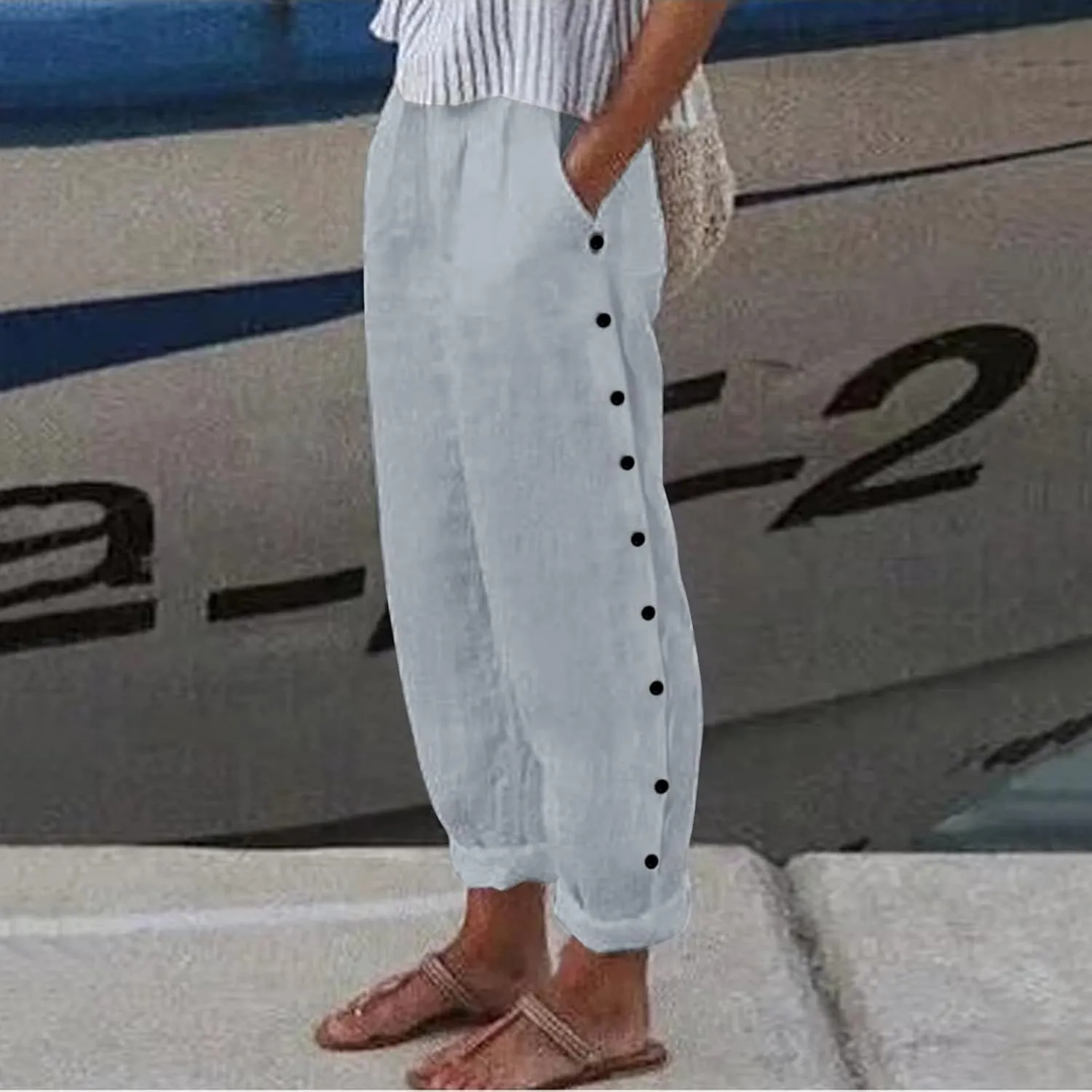 Women's Cotton Linen Capri Pants Casual Summer High Waist Baggy Wide Leg Lounge Trousers with Pockets Plus Size Beach