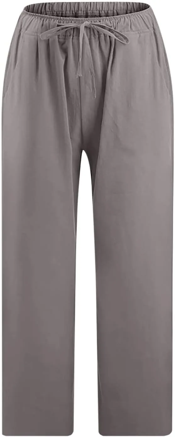 Women's Cotton Linen Capri Pants Lightweight Comfy Elastic High Waist Palazzo Pant 2025 Ladies Cropped Trousers