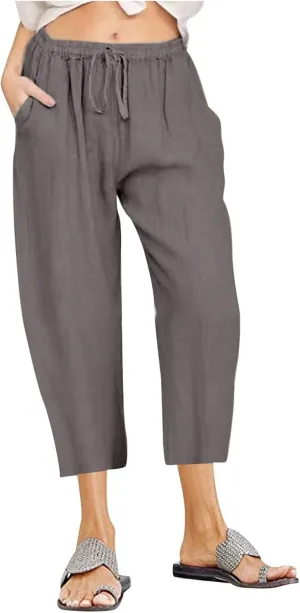 Women's Cotton Linen Capri Pants Lightweight Comfy Elastic High Waist Palazzo Pant 2025 Ladies Cropped Trousers