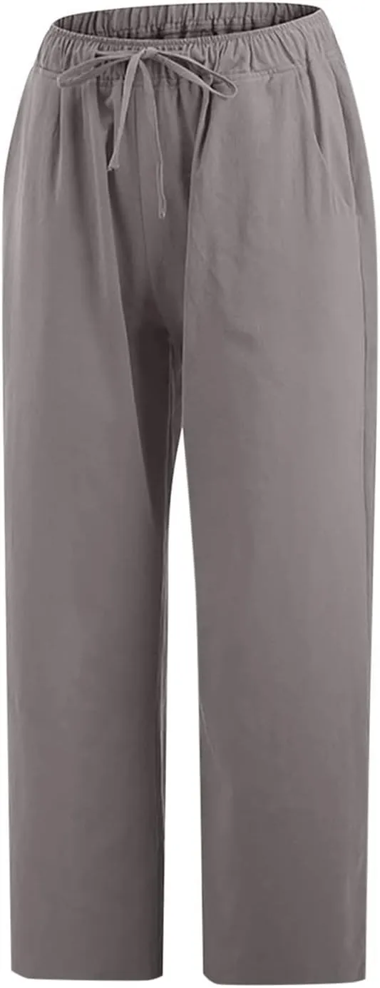 Women's Cotton Linen Capri Pants Lightweight Comfy Elastic High Waist Palazzo Pant 2025 Ladies Cropped Trousers