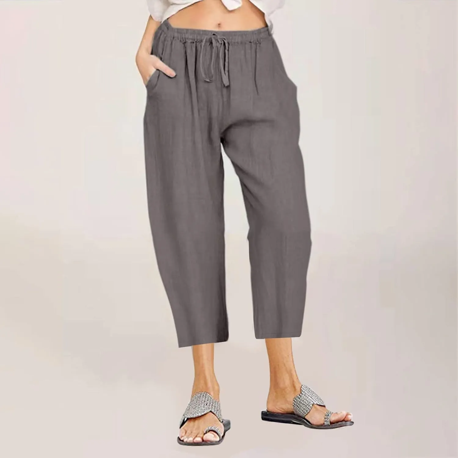 Women's Cotton Linen Capri Pants Lightweight Comfy Elastic High Waist Palazzo Pant 2025 Ladies Cropped Trousers