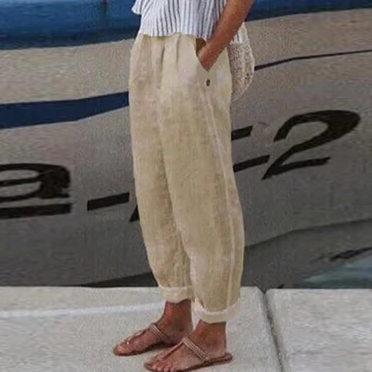 Women's Cotton Linen Casual Pants Summer High Waisted Baggy Beach Trousers with Pockets Plain Plus Size Cropped Slacks