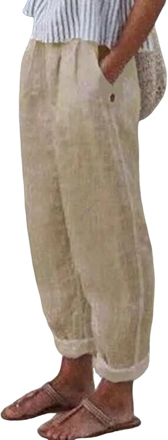 Women's Cotton Linen Casual Pants Summer High Waisted Baggy Beach Trousers with Pockets Plain Plus Size Cropped Slacks
