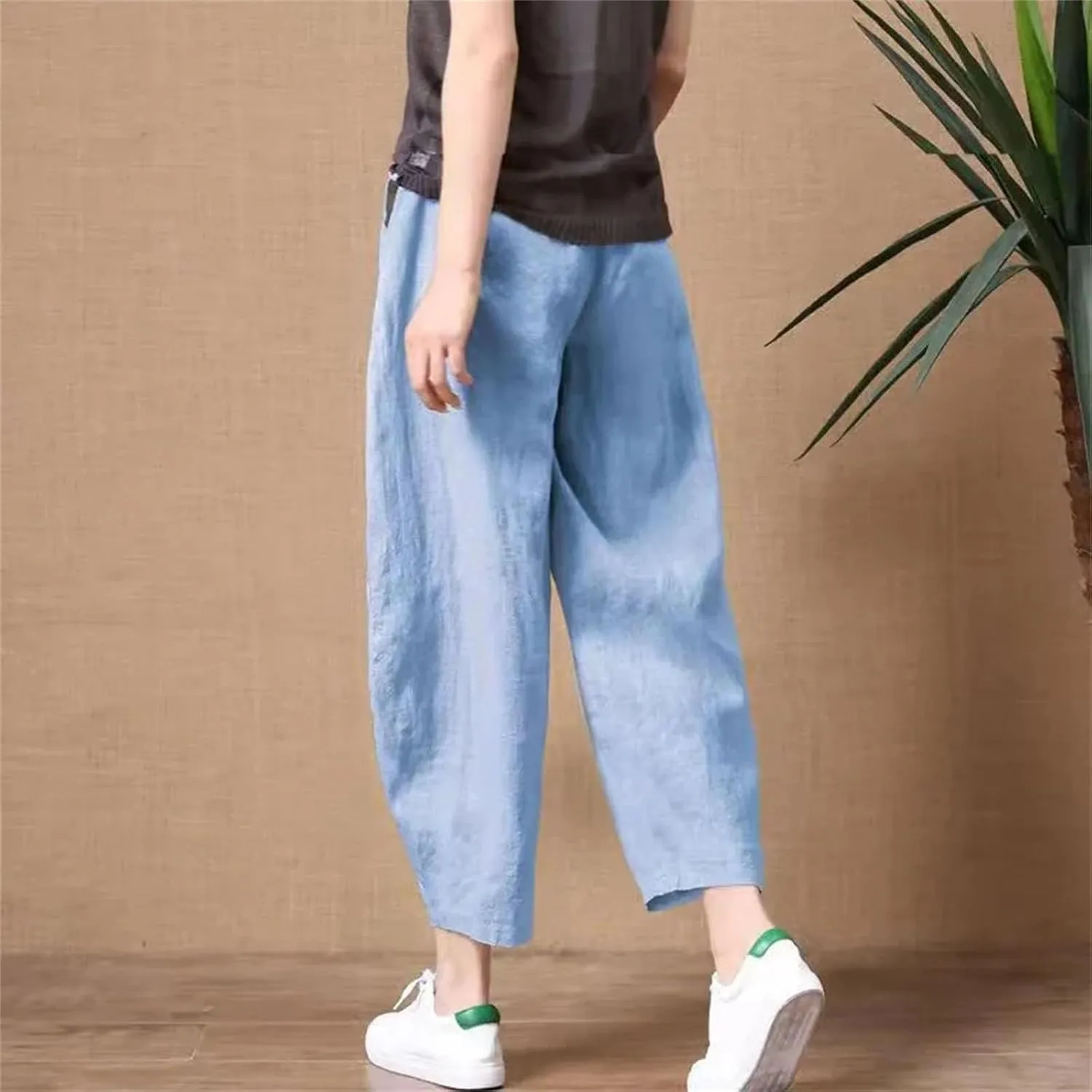 Womens Cotton Linen Harem Pants Vintage High Waist Elastic Ankle-Length Pants Loose Casual Beach Trousers
