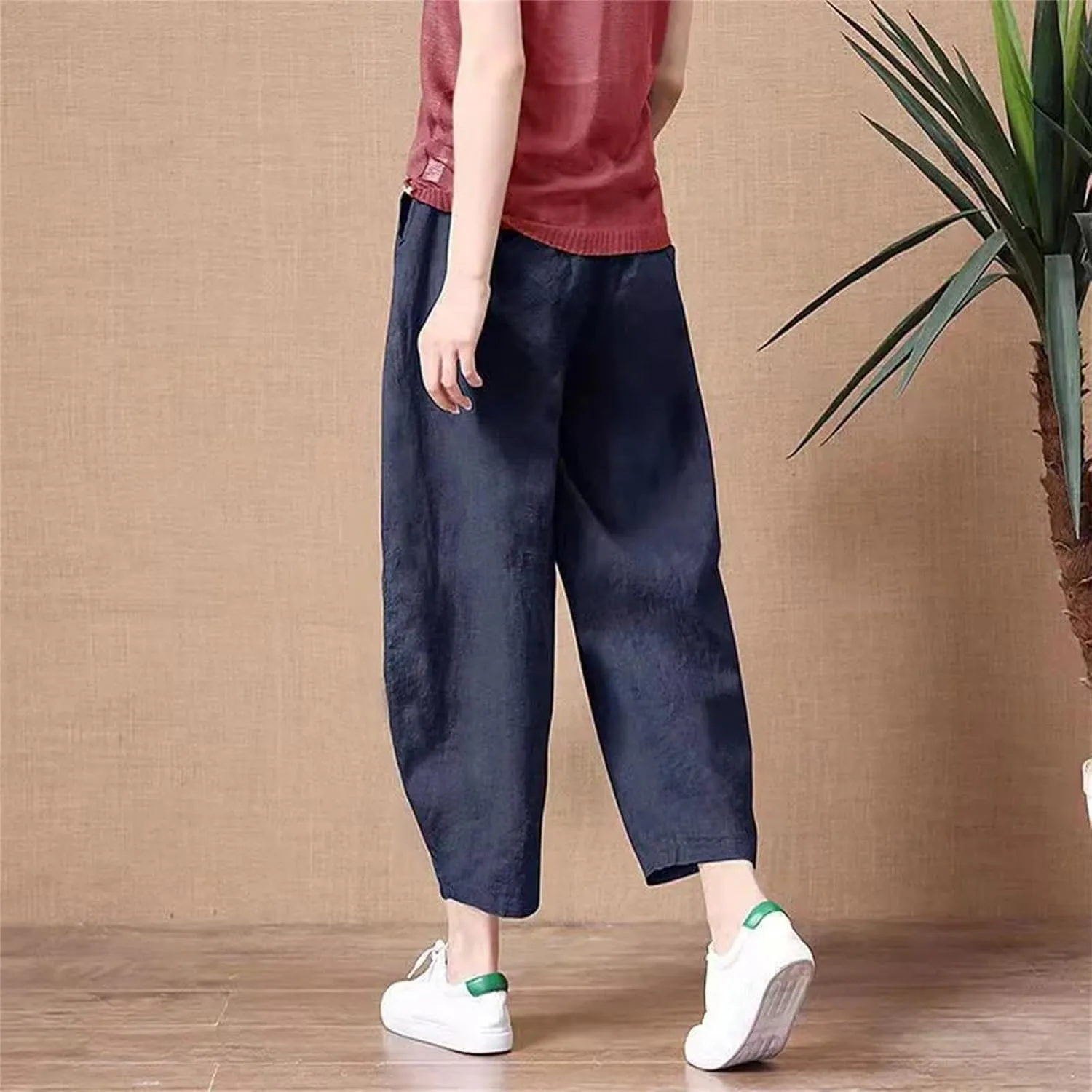 Womens Cotton Linen Harem Pants Vintage High Waist Elastic Ankle-Length Pants Loose Casual Beach Trousers