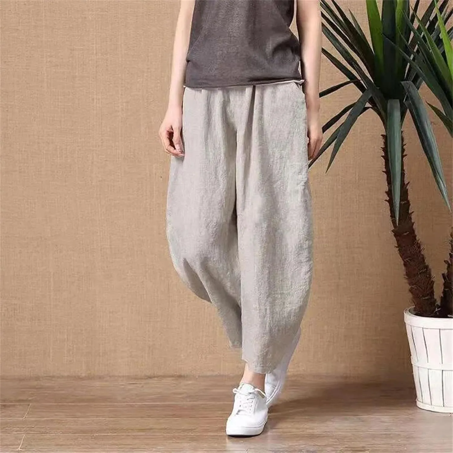 Womens Cotton Linen Harem Pants Vintage High Waist Elastic Ankle-Length Pants Loose Casual Beach Trousers