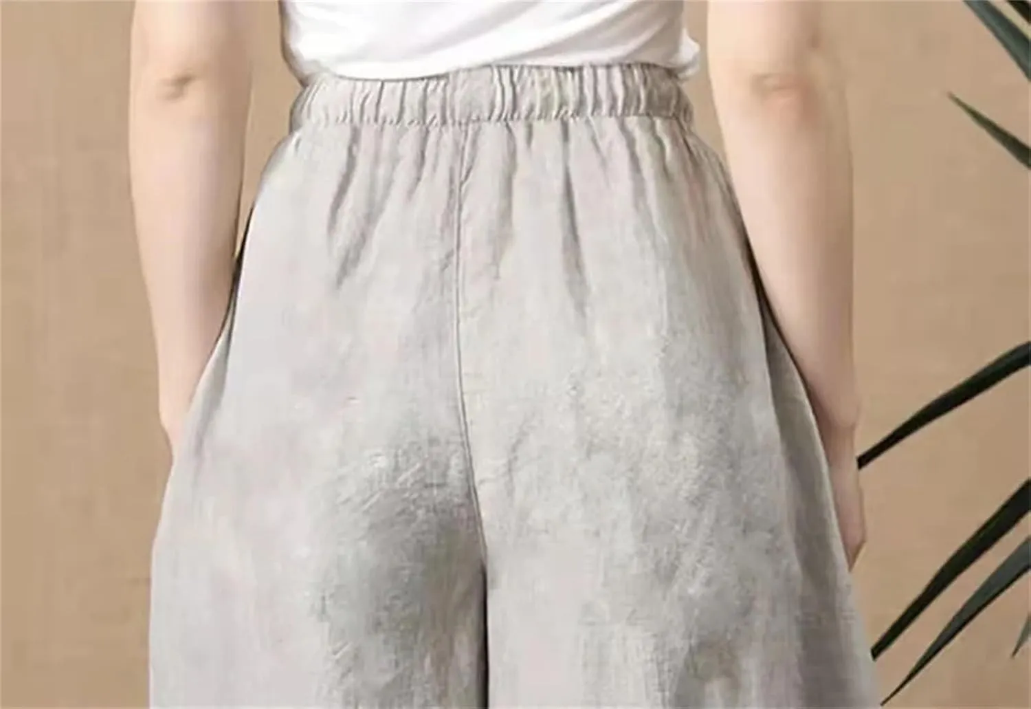 Womens Cotton Linen Harem Pants Vintage High Waist Elastic Ankle-Length Pants Loose Casual Beach Trousers
