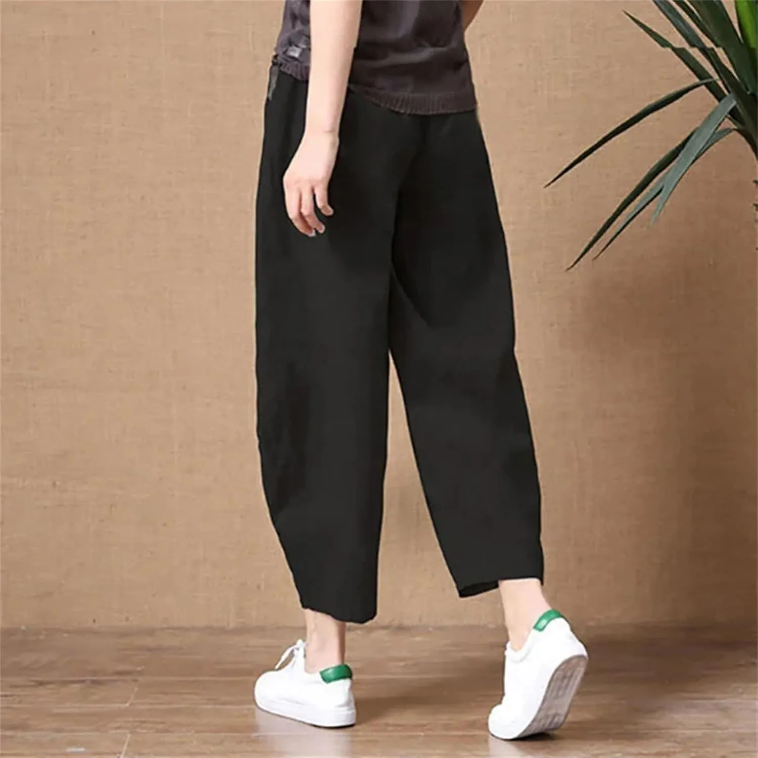 Womens Cotton Linen Harem Pants Vintage High Waist Elastic Ankle-Length Pants Loose Casual Beach Trousers