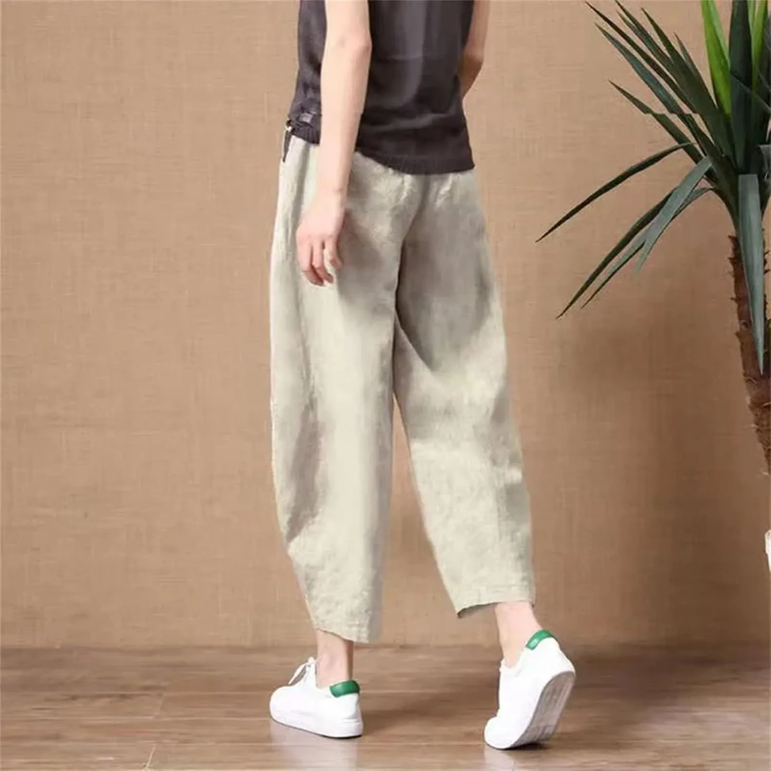 Womens Cotton Linen Harem Pants Vintage High Waist Elastic Ankle-Length Pants Loose Casual Beach Trousers