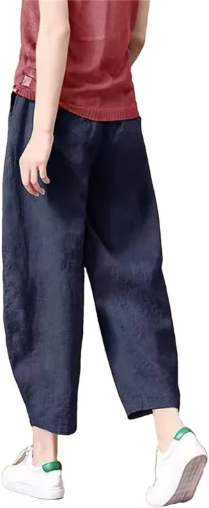 Womens Cotton Linen Harem Pants Vintage High Waist Elastic Ankle-Length Pants Loose Casual Beach Trousers