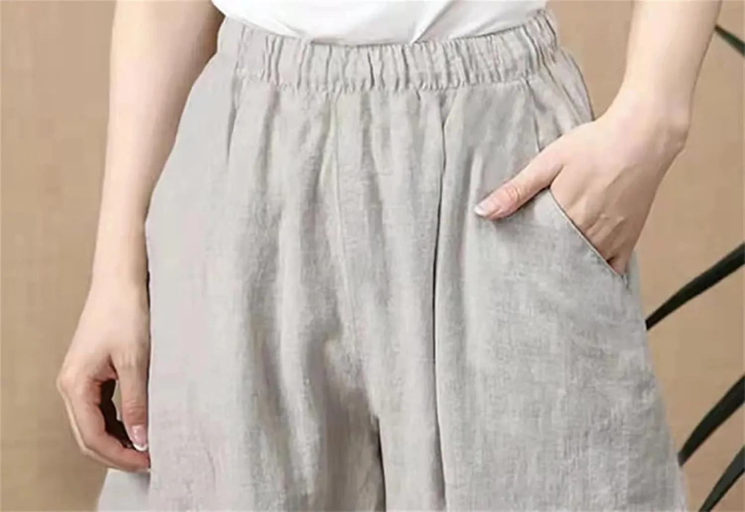 Womens Cotton Linen Harem Pants Vintage High Waist Elastic Ankle-Length Pants Loose Casual Beach Trousers