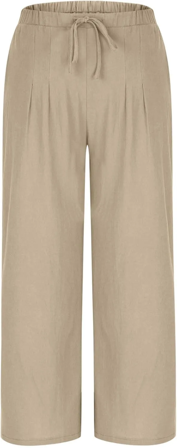 Womens Cotton Linen Palazzo Pants Drawstring Elastic Waist Casual Wide Leg Trousers Pocket Summer Vacation Beach Pant