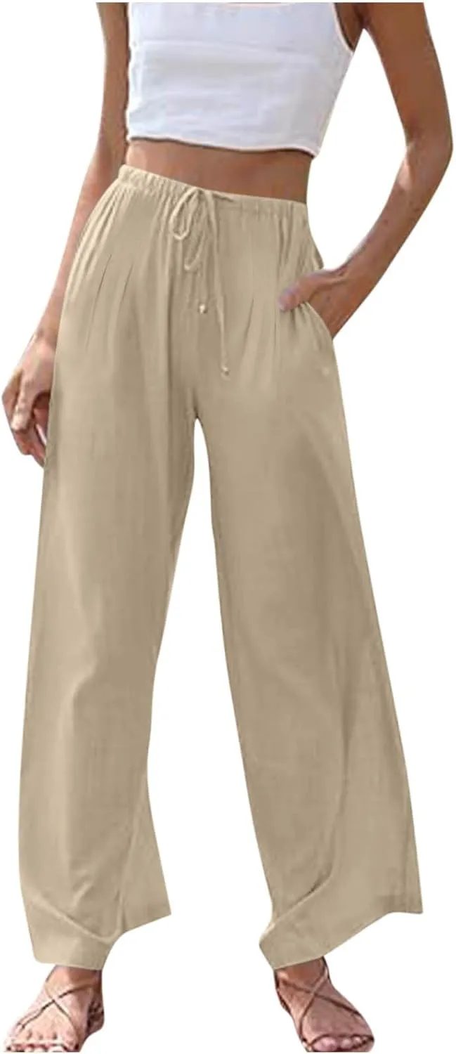 Womens Cotton Linen Palazzo Pants Drawstring Elastic Waist Casual Wide Leg Trousers Pocket Summer Vacation Beach Pant