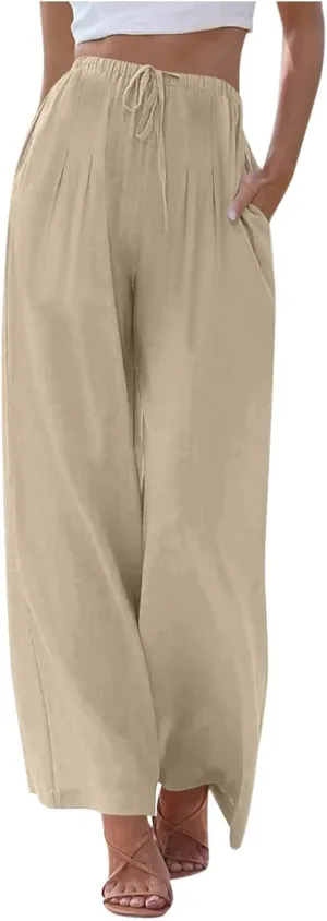 Womens Cotton Linen Palazzo Pants Drawstring Elastic Waist Casual Wide Leg Trousers Pocket Summer Vacation Beach Pant