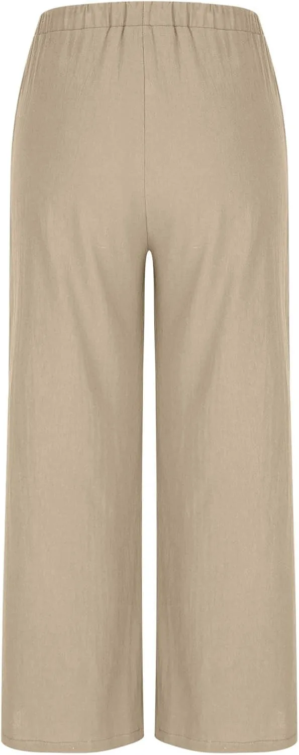 Womens Cotton Linen Palazzo Pants Drawstring Elastic Waist Casual Wide Leg Trousers Pocket Summer Vacation Beach Pant