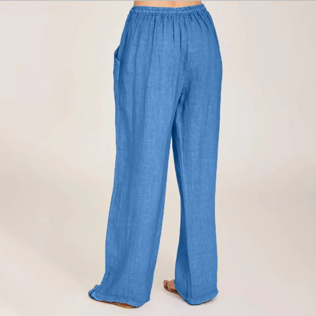 Women's Cotton Linen Palazzo Pants Drawstring Wide Leg Trousers High Waist Lightweight Pant Beach Vacation Clothes