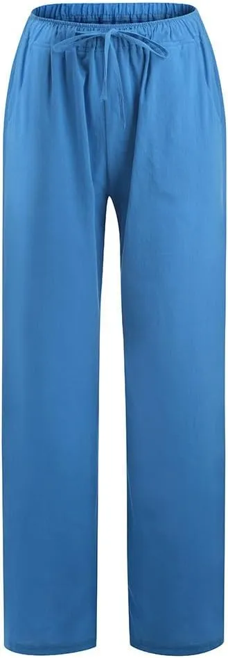Women's Cotton Linen Palazzo Pants Drawstring Wide Leg Trousers High Waist Lightweight Pant Beach Vacation Clothes