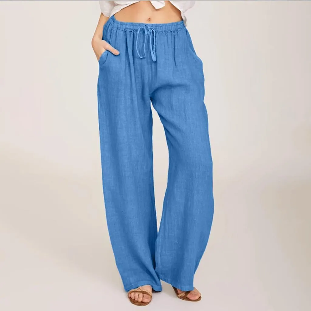 Women's Cotton Linen Palazzo Pants Drawstring Wide Leg Trousers High Waist Lightweight Pant Beach Vacation Clothes