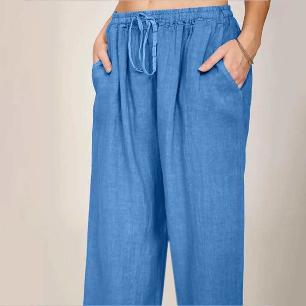 Women's Cotton Linen Palazzo Pants Drawstring Wide Leg Trousers High Waist Lightweight Pant Beach Vacation Clothes