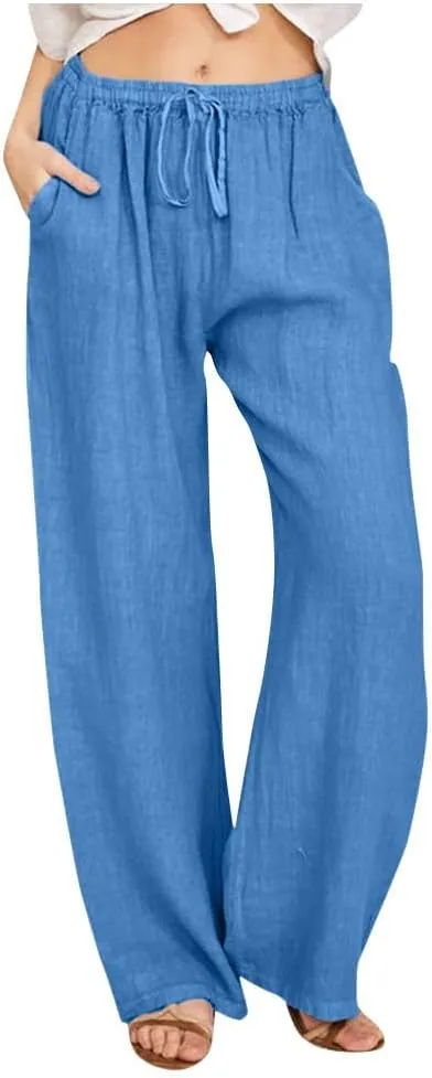 Women's Cotton Linen Palazzo Pants Drawstring Wide Leg Trousers High Waist Lightweight Pant Beach Vacation Clothes