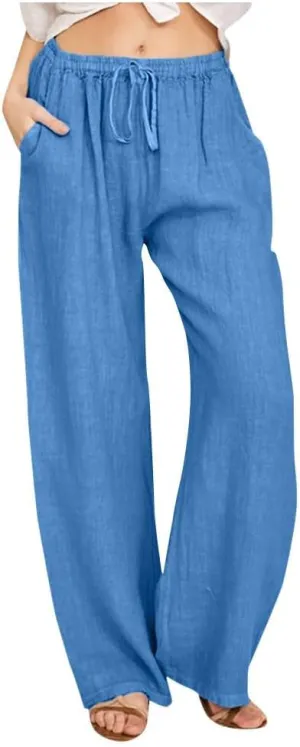 Women's Cotton Linen Palazzo Pants Drawstring Wide Leg Trousers High Waist Lightweight Pant Beach Vacation Clothes